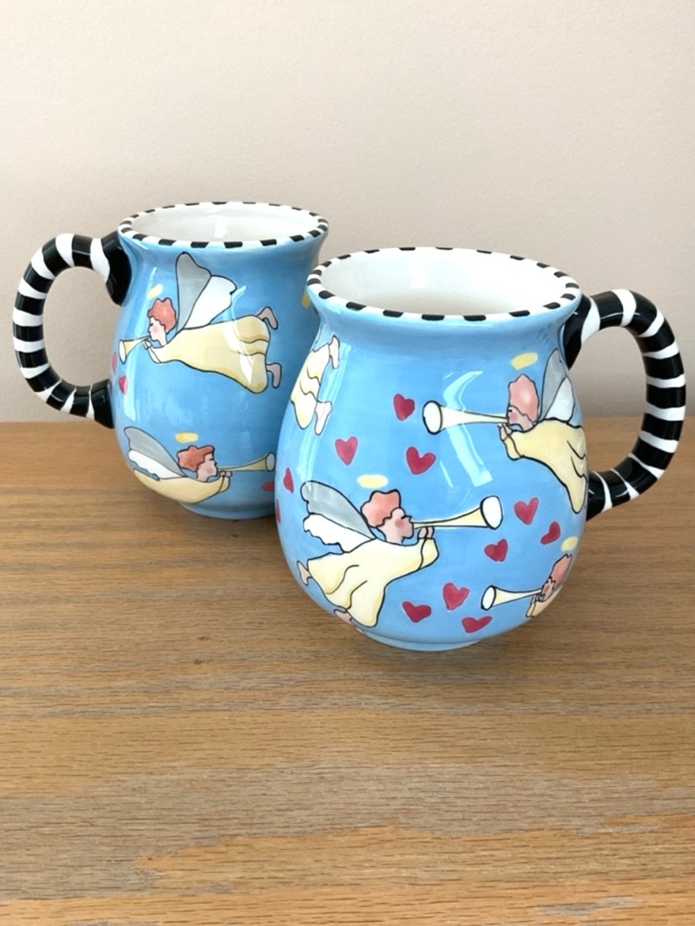 Vintage Angel Mug Set of 2 Hand Painted Pottery Hearts Cottagecore 1999